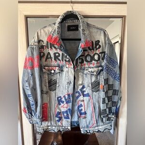 AKIRA Rude Jacket jean denim with an Azalea Wang Paris painted graffiti Sz Small